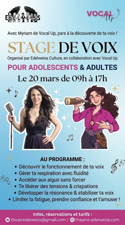 Affiche du stage de voix avec Myriam de Vocal Up